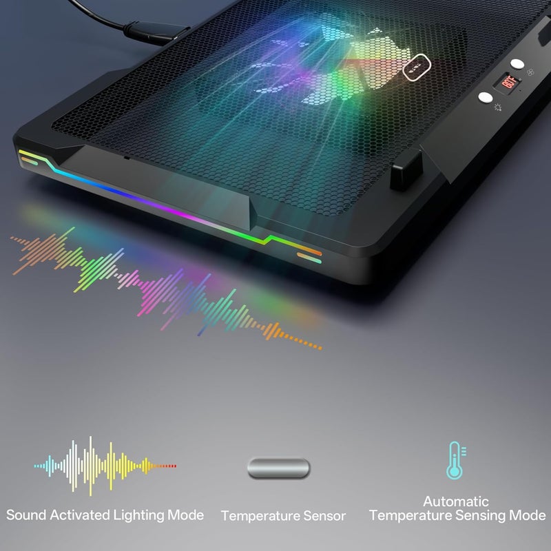 DEPGI Movable RGB Laptop Cooler with 5.5" Sliding Fan, Ergonomic Cooling Stand with 8 Light Modes for 14-17.3 Inch Gaming Laptops - Image 3